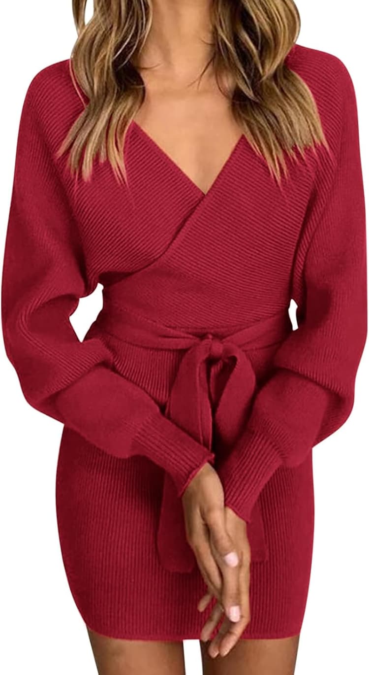 Vancavoo Robe Pull Femme Elégant Robe Tricoté Col V Manche Longue Casual Automne Hiver Tunique Chic Jupe Courte Moulante Slim avec Ceinture