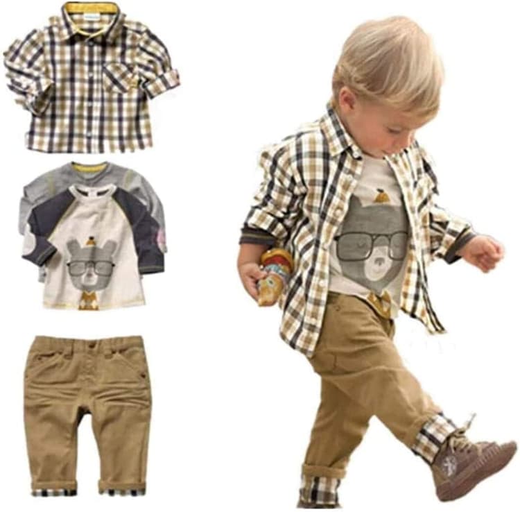 Sopo décontracté pour garçon Ensemble 3 pièces (T-shirt + Plaid Shirt + Pantalon Kaki) 1–5 Y