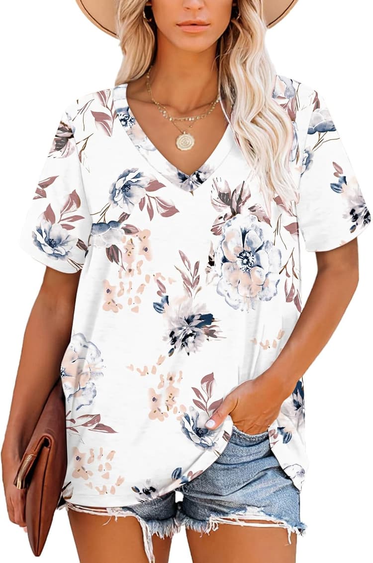 T-Shirt à Manches Courtes et col en V pour Femme - Tunique décontractée d'été à Rayures S-3XL 34-56