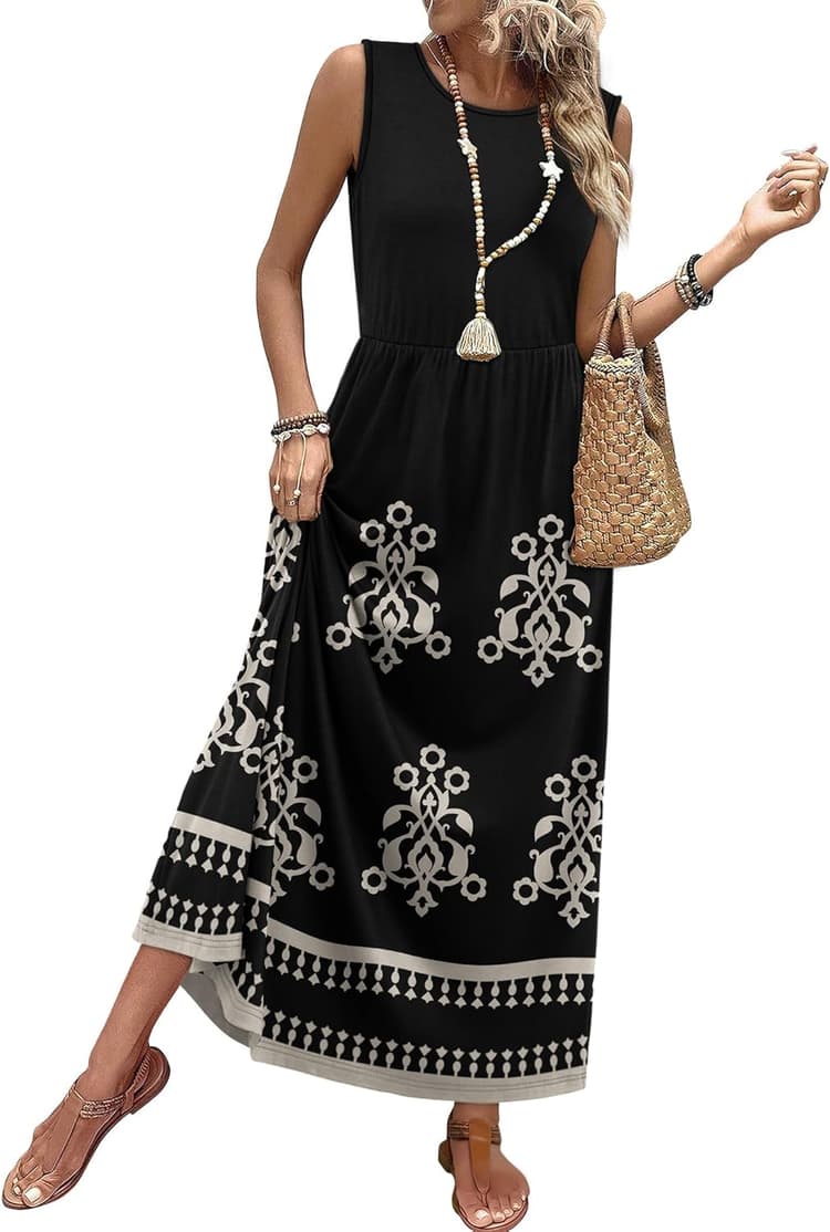 WIHOLL Summer Dresses for Women 2026 Maxi Dresses Long Flowy A Line Sleeveless Sundresses with Pockets