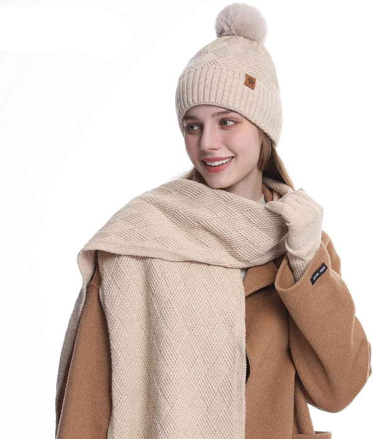 Ensemble Écharpe Bonnet Gants pour Femme Écharpe Chaud Bonnet et Mitaines pour l'Hiver Noël