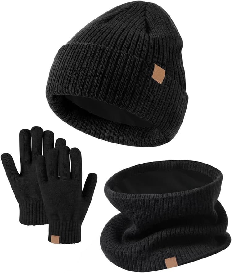 Lot de 3 bonnets, écharpes, gants d'hiver chauds et thermiques en tricot pour enfants de 5 à 12 ans - Moufles tactiles - Doublure en polaire douce - Élastique - Pour sports de plein air