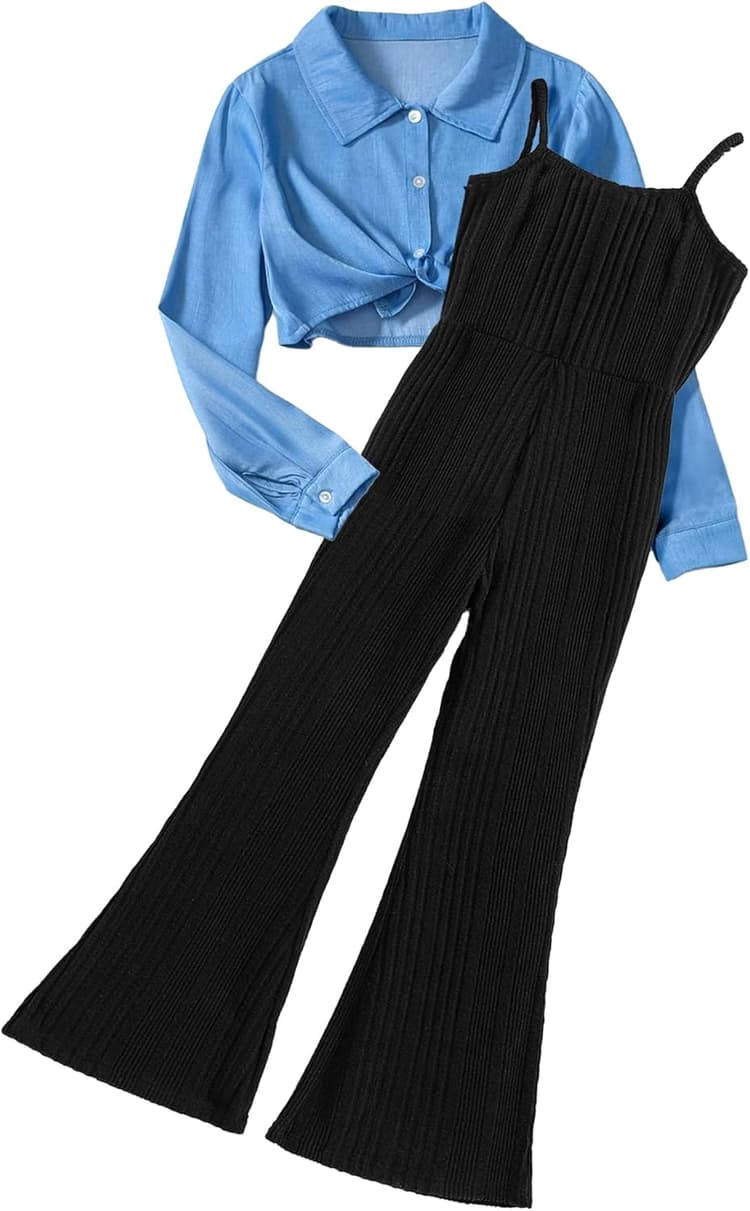 T-shirt à manches longues avec nœud noué pour fille, col Peter Pan boutonné et bretelles spaghetti, pantalon évasé