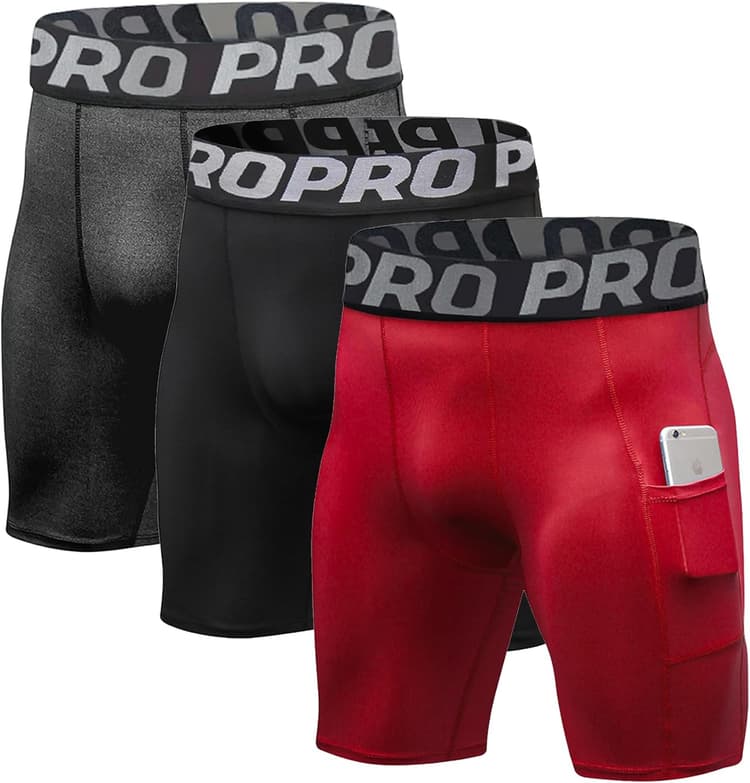 Lot de 3/5 Shorts Compression Sport Homme sous Vêtement de Sport à Séchage Instantané Poche Sécurisée Cuissard Velo Fitness Musculation