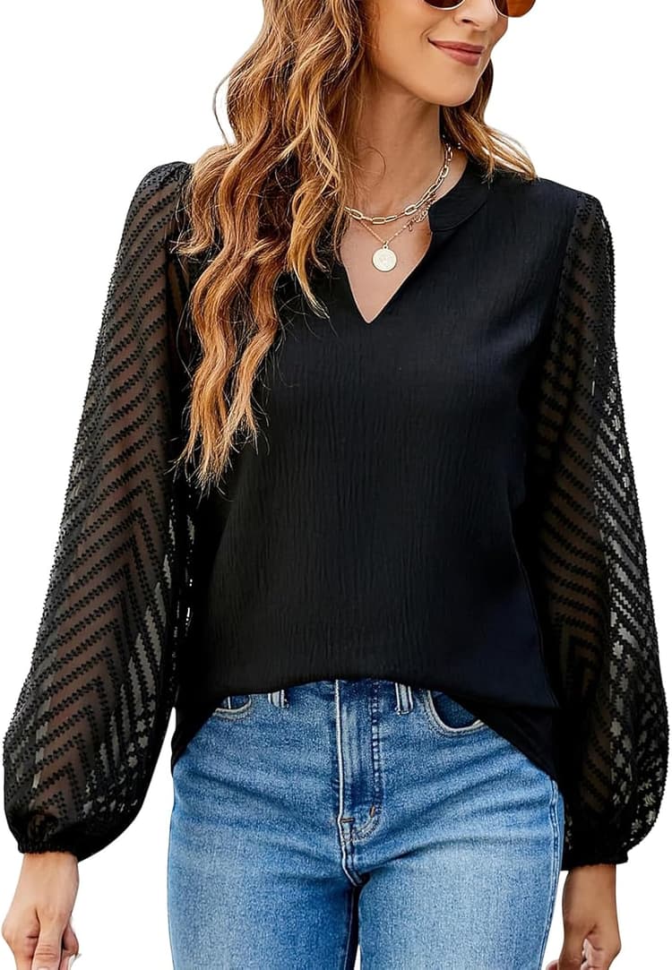 Chemise Femme Hauts col V Chic Blouse Longues Manches Découpées en Dentelle, Elegant Chiffon Top Bubble Sleeve Casual Chemisier