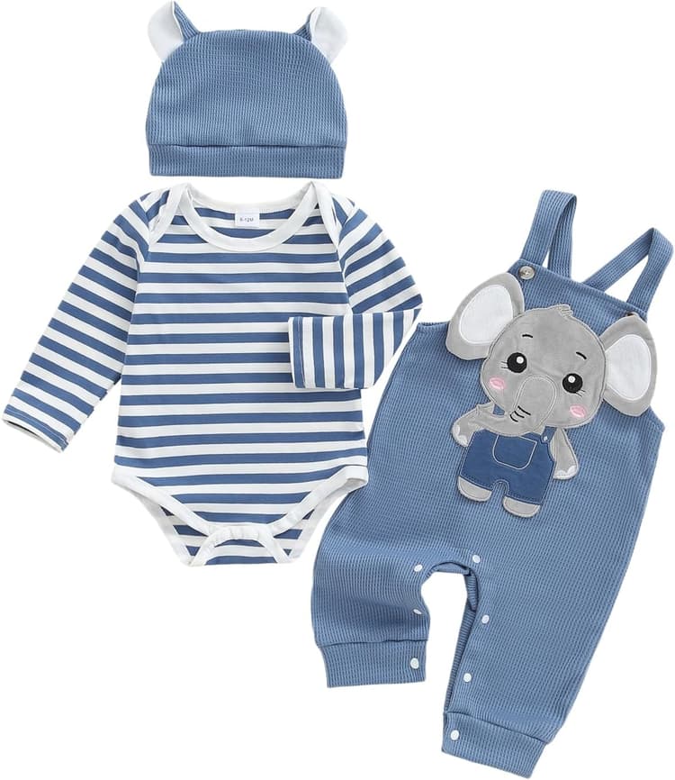 Ensemble Bébé Garçon 3 Pièces Tenue Bébé Garçon Barboteuse Rayée Salopette Brodée Chapeau Vêtement Automne Hiver pour Garçons 0-18 Mois