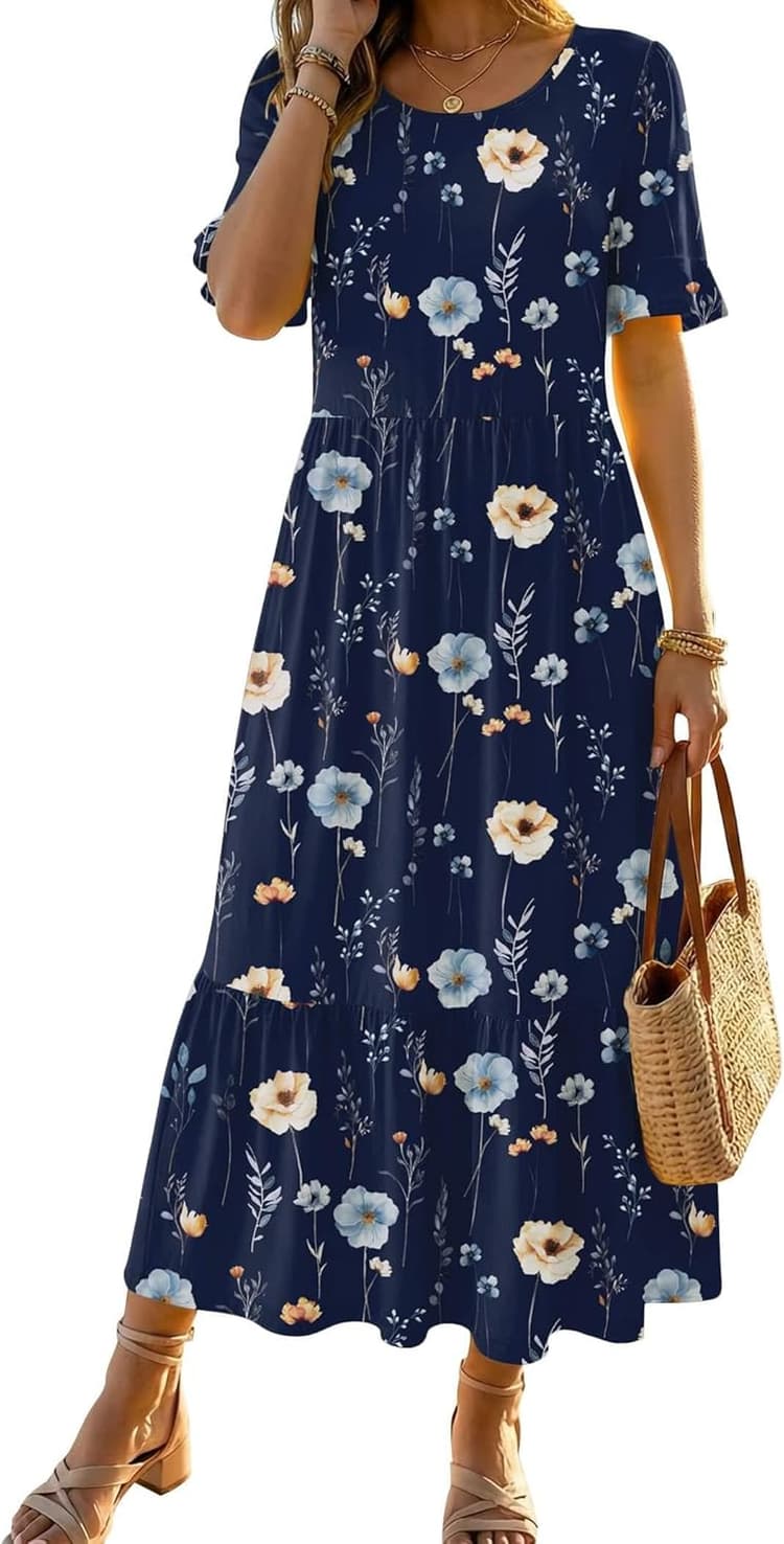 Zeagoo Womens Summer Dresses 2026 Casual Midi Dress Flowy Sundress Ruffle Short Sleeve Tiered Dresses A Line Boho Dress