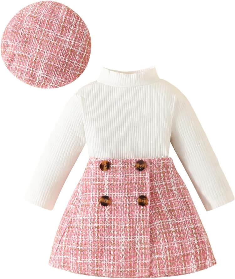 Carolilly Ensemble Fille 3 Pièces Élégant Robes Enfants et Filles Automne Hiver T-shirt Manches Longues+Jupe+ Chapeau Béret