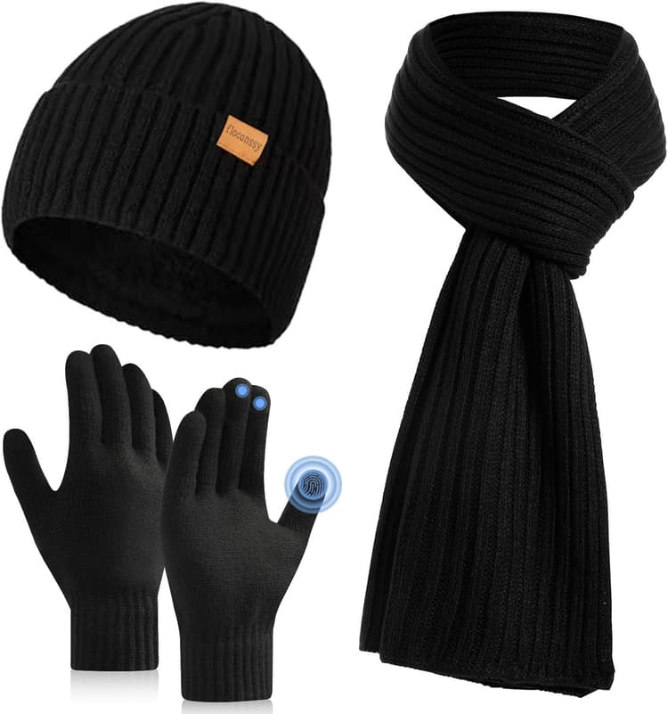 floconssy Men's Winter Hat Scarf Gloves Set, 3 PCS Warm Beanie Long Scarf Fleece Lined Touchscreen Gloves for Cold Weather