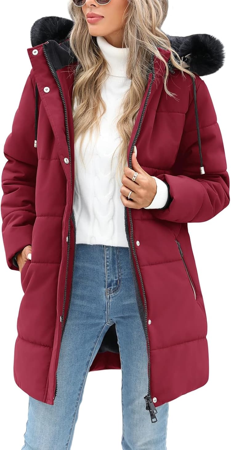 Tuopuda Manteau Femme Hiver Doudoune Chaud Veste Polaire Parkas à Capuche Décontracté Blouson Zippée mi Longue Coat Matelassée en Duvet Outercoat avec Poches