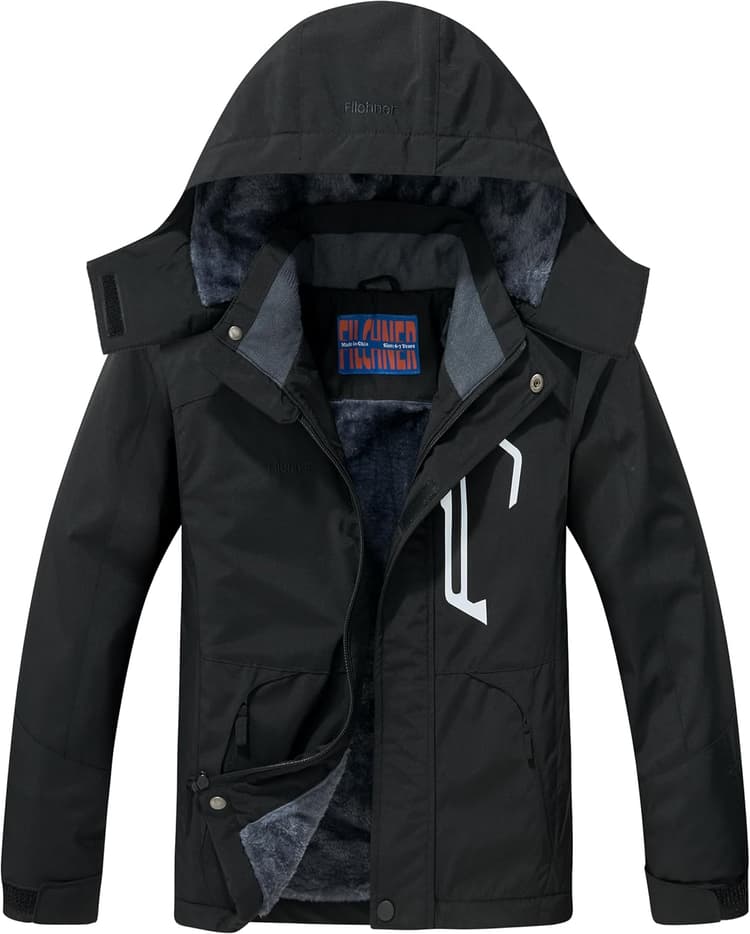 Boy's Ski Jacket Waterproof Winter Coat, Kid's Fleece Snowboarding Jacket with Detachable Hood and Reflective Strips