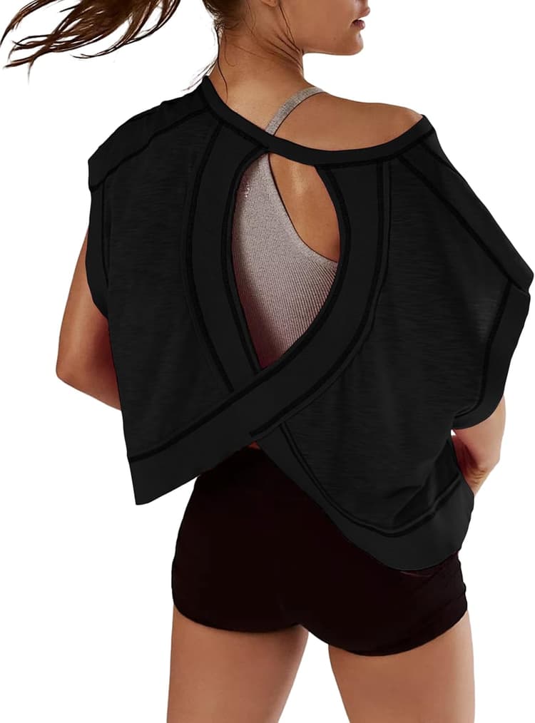 Women Short Sleeve Workout Shirts Open Back Tops Casual Yoga Y2k Athletic Gym Slouchy Crop Running Tees