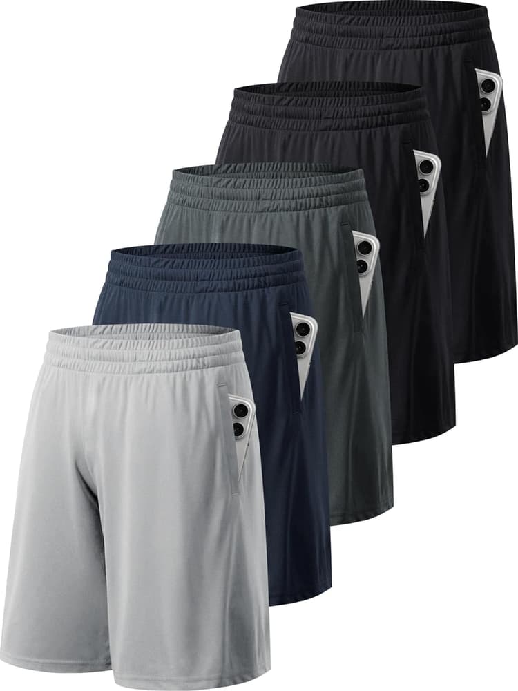 Lot de 5 Shorts Sport Homme, Shorts de Sport avec Poches et Taille Élastique, Séchage Rapide, pour la Running Gym Basket-Ball Fitness