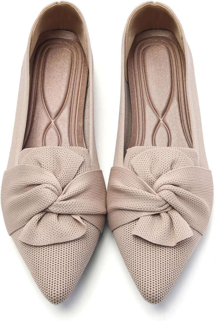Flats for Womens Pointed Toe Ballet Flats with Bow Comfortable Knit Dressy Flats