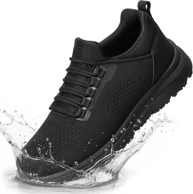 Work Shoes for Men Water-Repellent Kitchen Chef Tennis Shoes for Men Comfy Breathable Food Service Restaurant Sneakers All Black