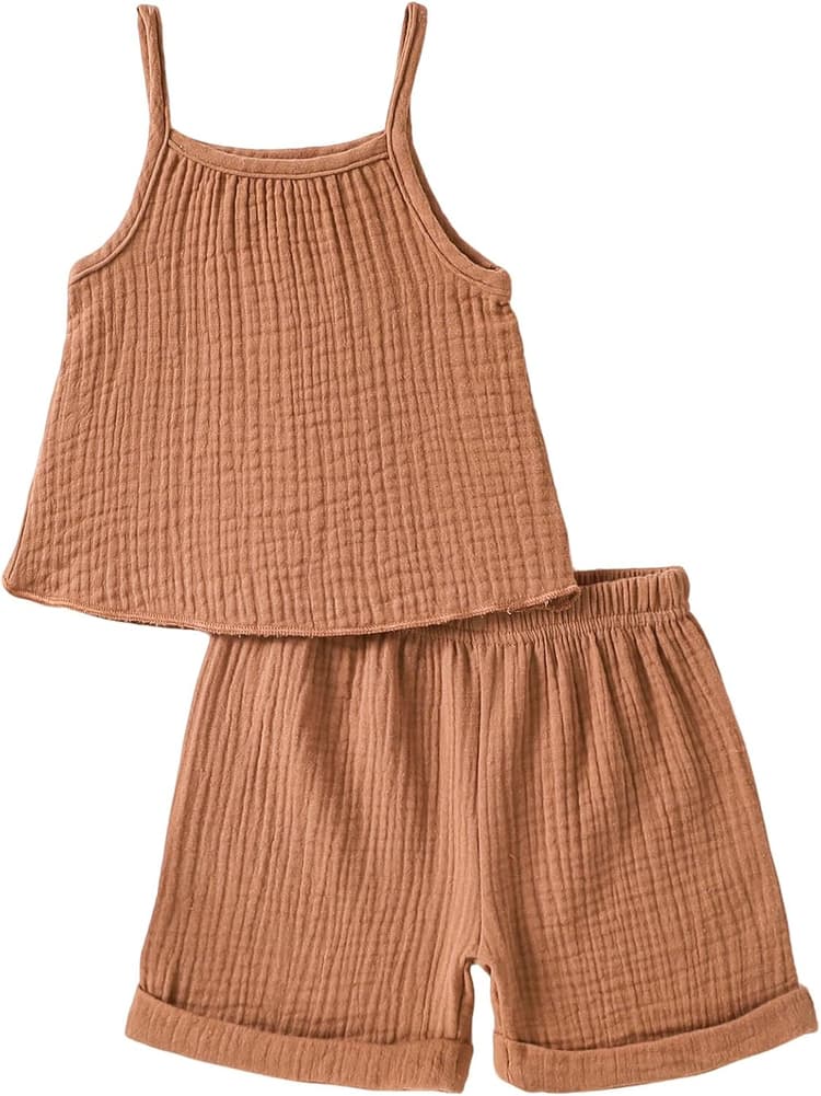 Weebaby Toddler Girl Summer Clothes Baby Crinkle Outfits Infant Cami Top Toddler Short Set Kid Summer Clothing for Girls