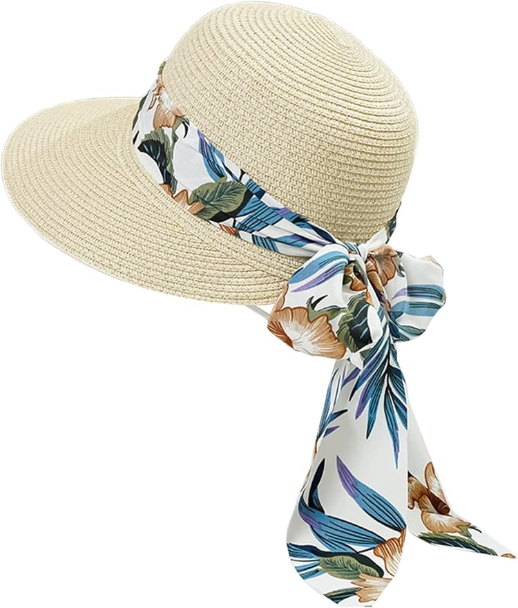 Casquettes rétro Chapeau Paille Visières Femme Chapeau d'été Pliable Grande Bord avec Nœud pour Femme Fille Capline Vintage pour Plage 58CM