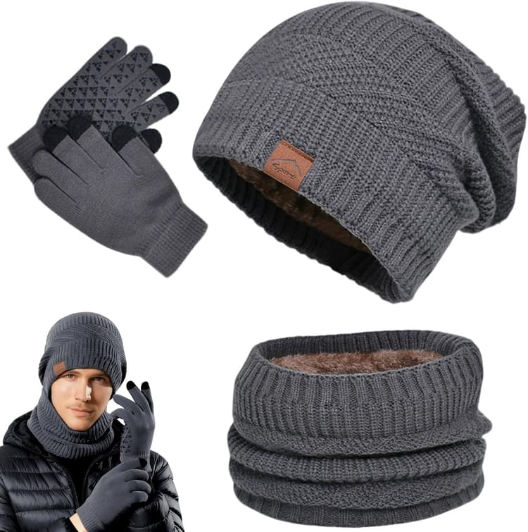 Bonnet Écharpe et Gants à Écran Tactile,Tricotés Ensemble d'hiver Bonnet Écharpe Gants d'écran Tactile,Ensemble Chauds d'hiver 3en1 avec Double Polaire Chaud Chapeau pour Homme Femme