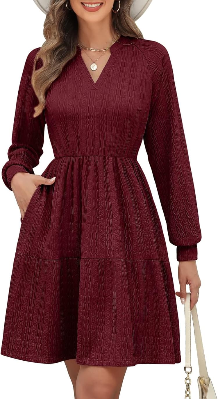 Robe Femme Tricot Chic et Elegant Automne Hiver Tunique Midi Robe Manches Longues Doux Col en V Tenue Swing A-Ligne Taille Élastique Couleur Unie Décontractée Fête avec Poches