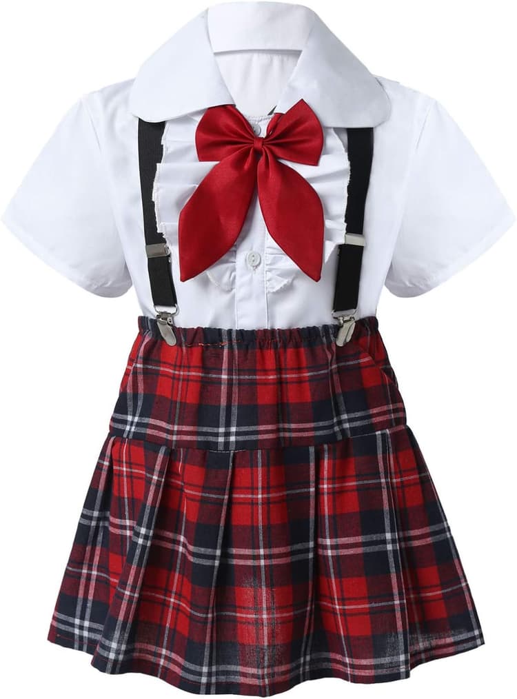 dPois Enfant Fille Uniforme Scolaire Japonais Robe Casual Été Tenue Chemise Jupe à Carreaux Ensemble de vêtements Ecolière Jupe Court Évasé avec Bretelles 4-14 Ans