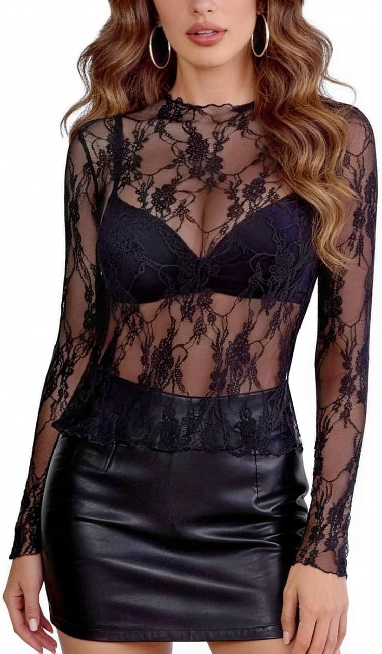 Haut Sexy en Maille Transparente pour Femme, T-Shirt en Dentelle à Manches Longues, Top Mesh Florale Chic et Élégant, Chemise Tulle pour Soirée Club