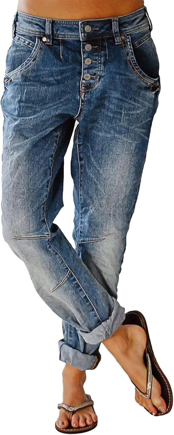 Flamingals Women's Stretchy Straight Leg Casual Mid Rise Jeans Wash Button Fly Stitch Detail 90s Trendy Denim Jeans