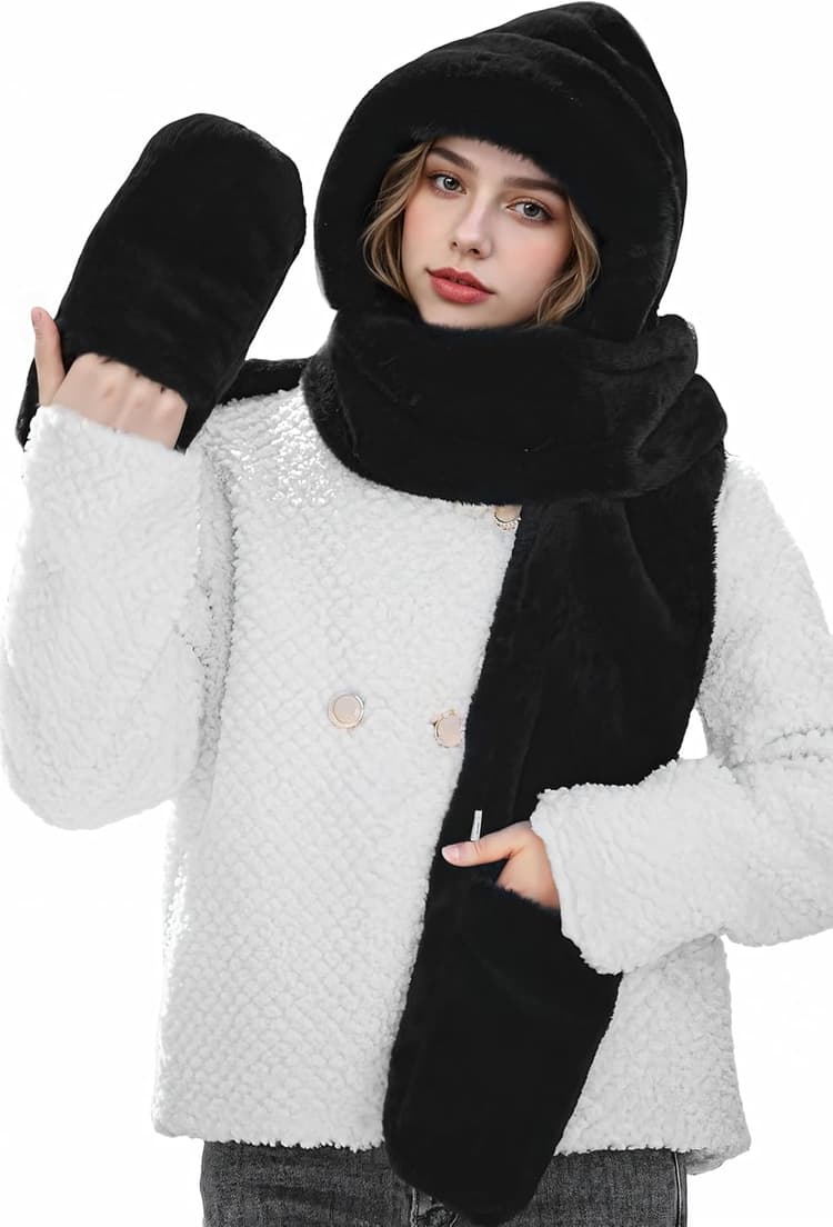 Passionbility Winter Scarf for Women - 3 in 1 Faux Fur Hooded Scarf Hat Gloves Set, Womens Hoodie Hat Long scarf Gloves