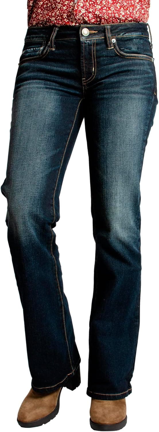 MAGIC SELECT Jeans Boot Cut pour Femme, Jeans de Cloche, Jeans Bleu foncé, Pantalon Taille Basse ajusté (25W)