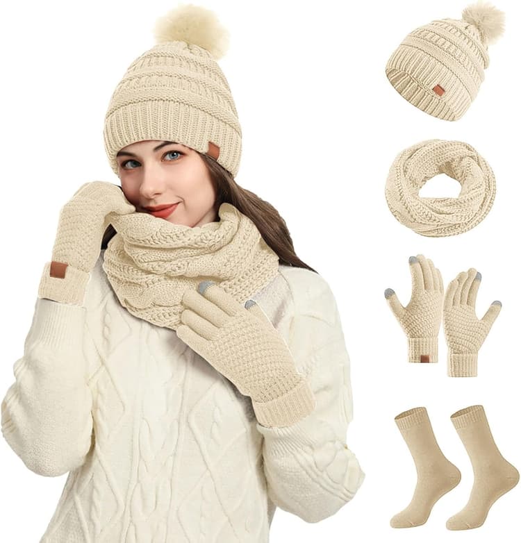 Generisch 2026 – Ensemble 4 pièces bonnet en laine pour femme avec bonnet, écharpe, gants et chaussettes