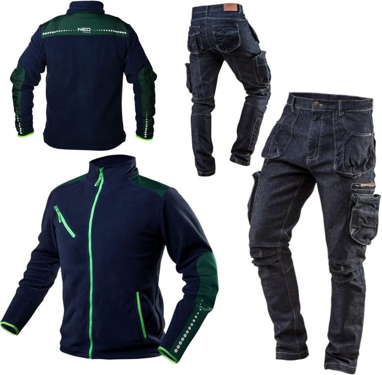 NEO TOOLS Pantalon de Travail Homme ou Ensemble Komplet vec Veste Polaire - Taille XS à 3XL- Aspect Denim Pantalon de Travail pour Hommes - Design Tendance, Cargo Pantalon de Travail Durab