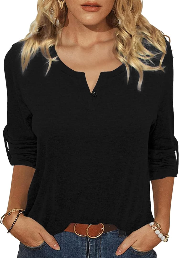 T-Shirt Henley Femme Manches Longues Haut Ajusté en Coton à Col V Élégant et Confortable Blouse Basique Décontracté pour Automne Hiver