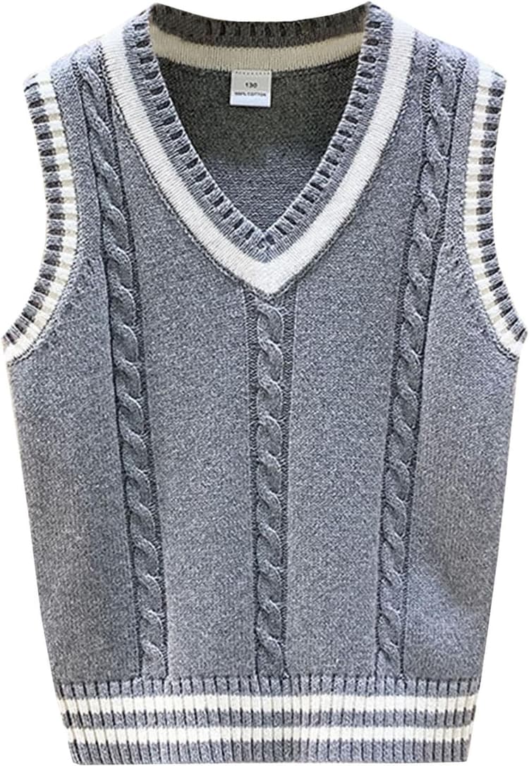 Enfants Pulls sans Manches Col V Gilets Tricotés Uniform Scolaire Débardeur Tricoté pour Garçons et Filles