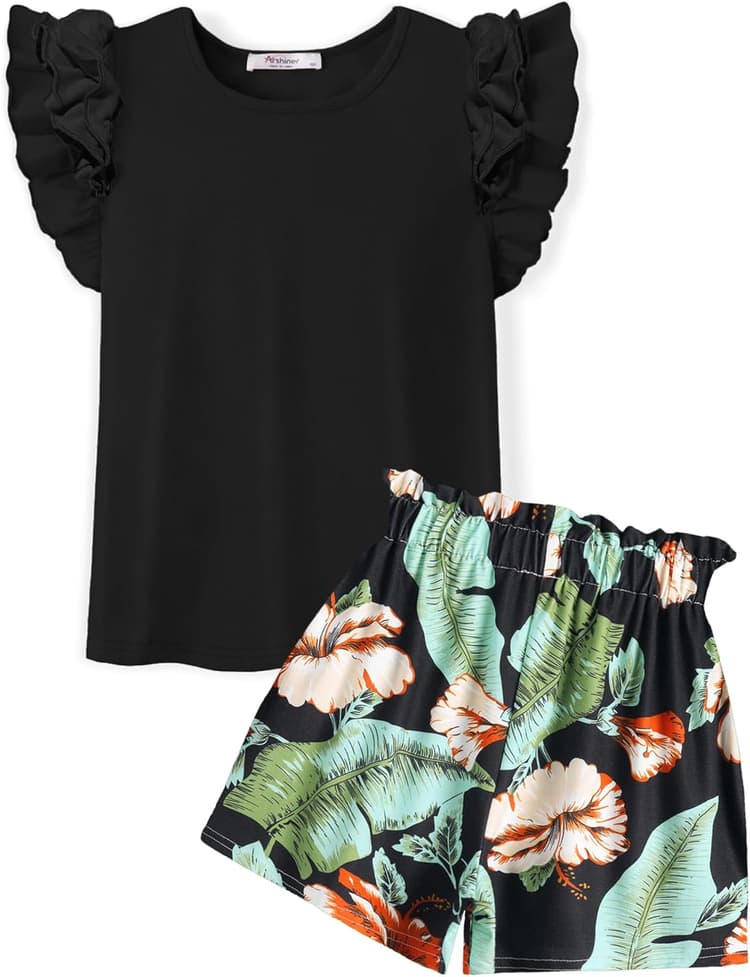 Arshiner Ensembles Filles D'été Couleur Unie T-shirt Short Tenue Enfants Ensemble Vêtements Manches Volants Coton Vêtements Loisirs Deux Pièces Filles avec Poche 6-14 Ans