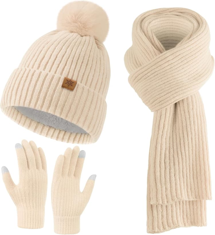 Passionbility Womens Winter Beanie Hat Scarf Gloves Set, Knitted Scarf and Hat Touchscreen Gloves Gift for Women 3 in 1 Set