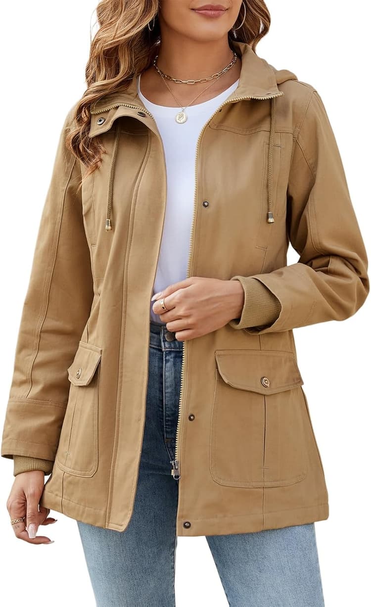 Tuopuda Veste Femme mi Saison Parka en Coton Blouson avec Capuche Décontracté Manteau Printemps Veste Militaire Zipper Jacket Coat Classique Automne Hiver Outwear