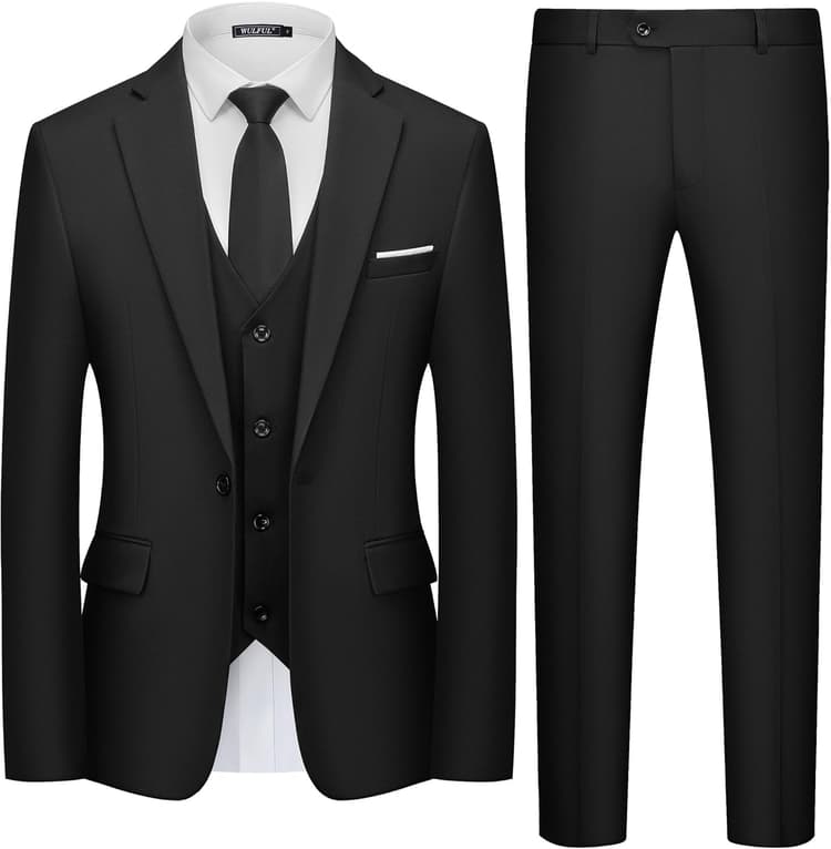 WULFUL Men's 3 Piece Slim Fit Suit Set One Button Blazer Jacket Pants Tuxedo Set