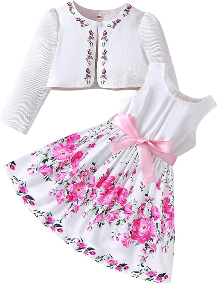 Petites Filles Robe et Cardigan Ensembles 2 pièces imprimé Floral sans Manches Robe Dentelle Bord Pulls Printemps Plein vêtements pour 2-7 Ans