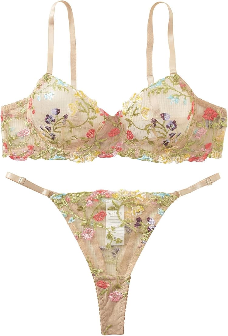 Sexy Floral Embroidered Flower Mesh Underwire Push Up Lingerie Set