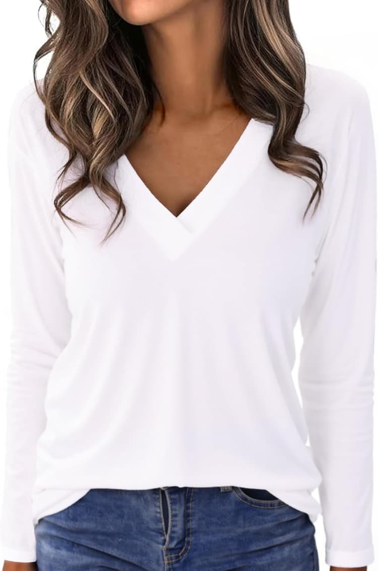 T-Shirt à Manches Longues Femme Col V Chic élégant Lâche Haut Décontracté Tee Shirt Tunique Basic Top Tshirt