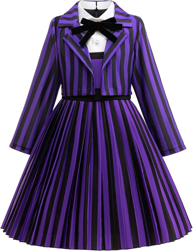 Déguisement Enid Fille Cosplay Mercredi 2 Nevermore Academy Enid Sinclair Rayures Uniforme Scolaire Veste Robe Nœud Papillon pour Enfant Carnaval Halloween Fête Robe de Bal, Violet, 4-12 ans