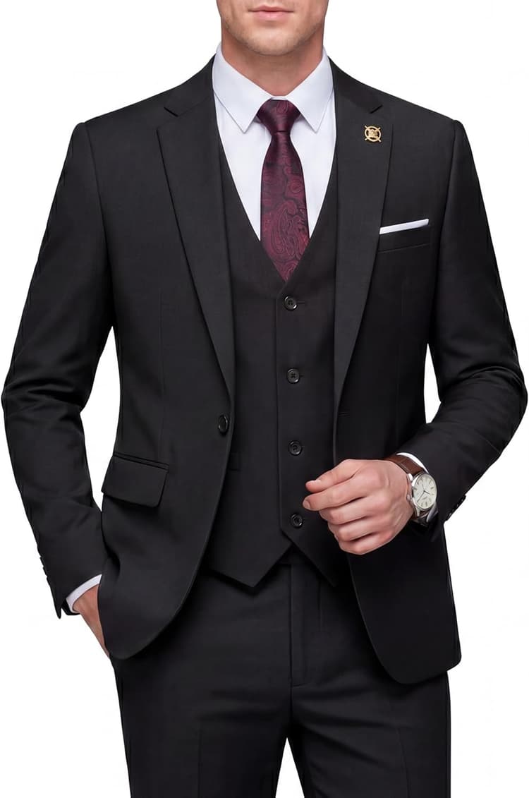 WULFUL Men's Slim Fit 3 Piece Suit, One Button Solid Blazer Business Party Jacket Vest Pants Set
