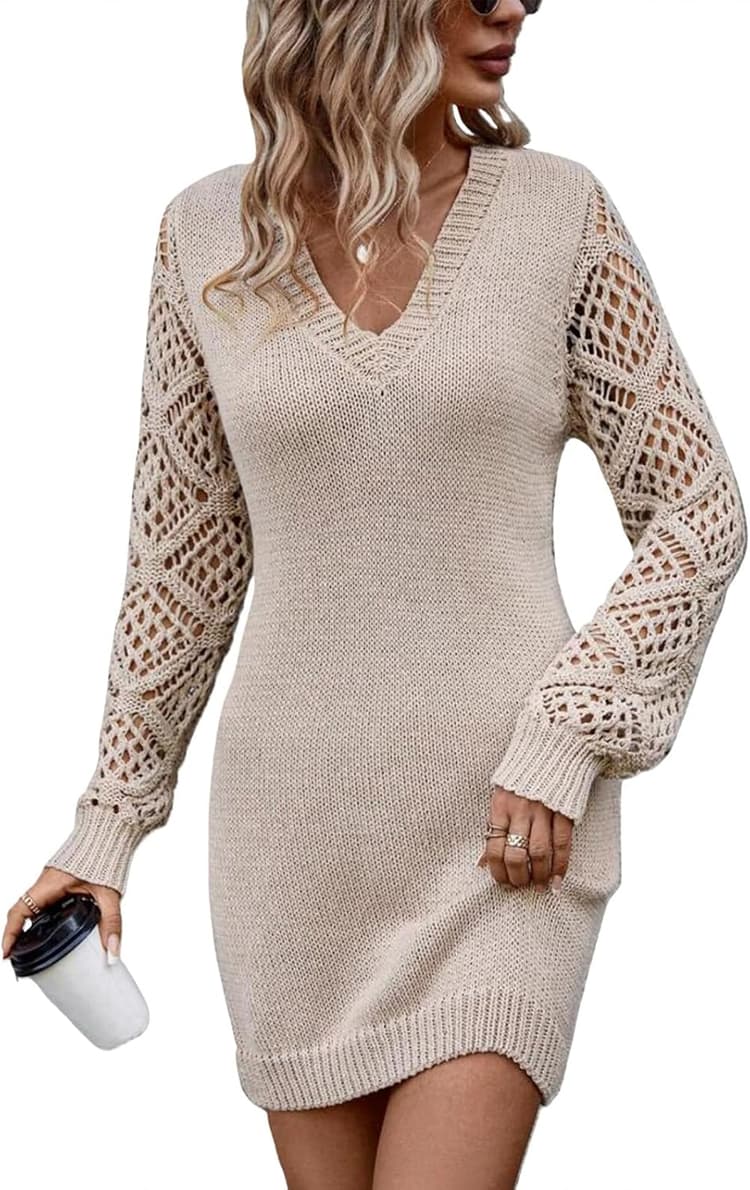 shownicer Robe en Tricot Femme Elégant Tricoté Col V Manche Longue Robe Automne Hiver A-Line Robe Pull Casual Mini Robe