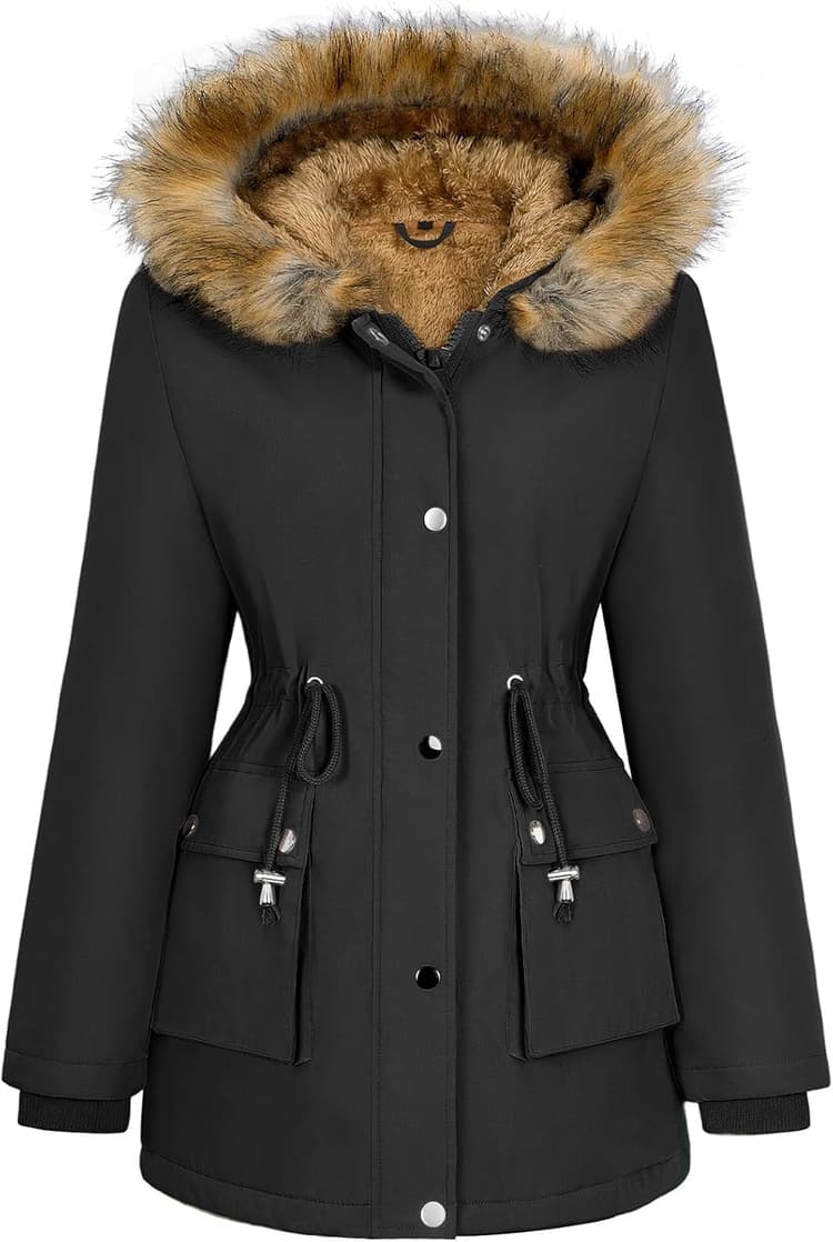 Lonya Manteau Femme Hiver Parka - Veste Polaire Imperméables Manteau à Capuche Zippé Chaud Blouson Doublure en Peluche Fausse Fourrure Parka Jacket Hooded Outercoat avec Poches