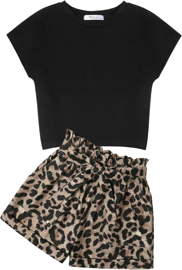 Arshiner Girls 2 Piece Outfit Summer Drop Shoulder Batwing Sleeve Tops and Paperbag Waist Shorts Set Cute Clothing Size 6-14