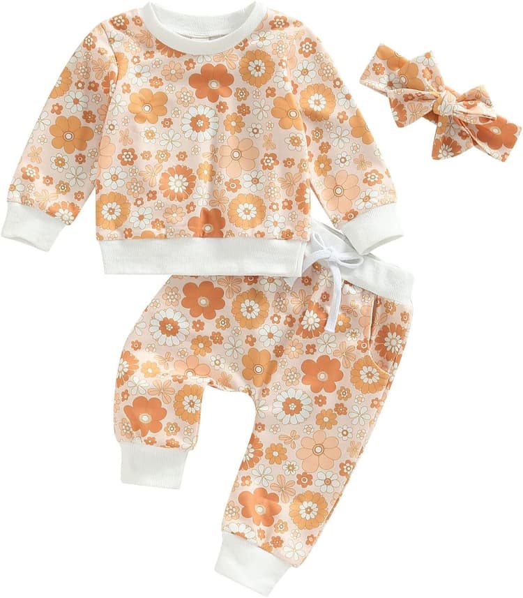 Ensemble Bébé Fille 3Pcs Ensemble Fille Imprimé à Fleur Haut + Pantalon + Bandeau Tenue Chic Bébé Fille 6 Mois-4 Ans Automne Printemps Hiver