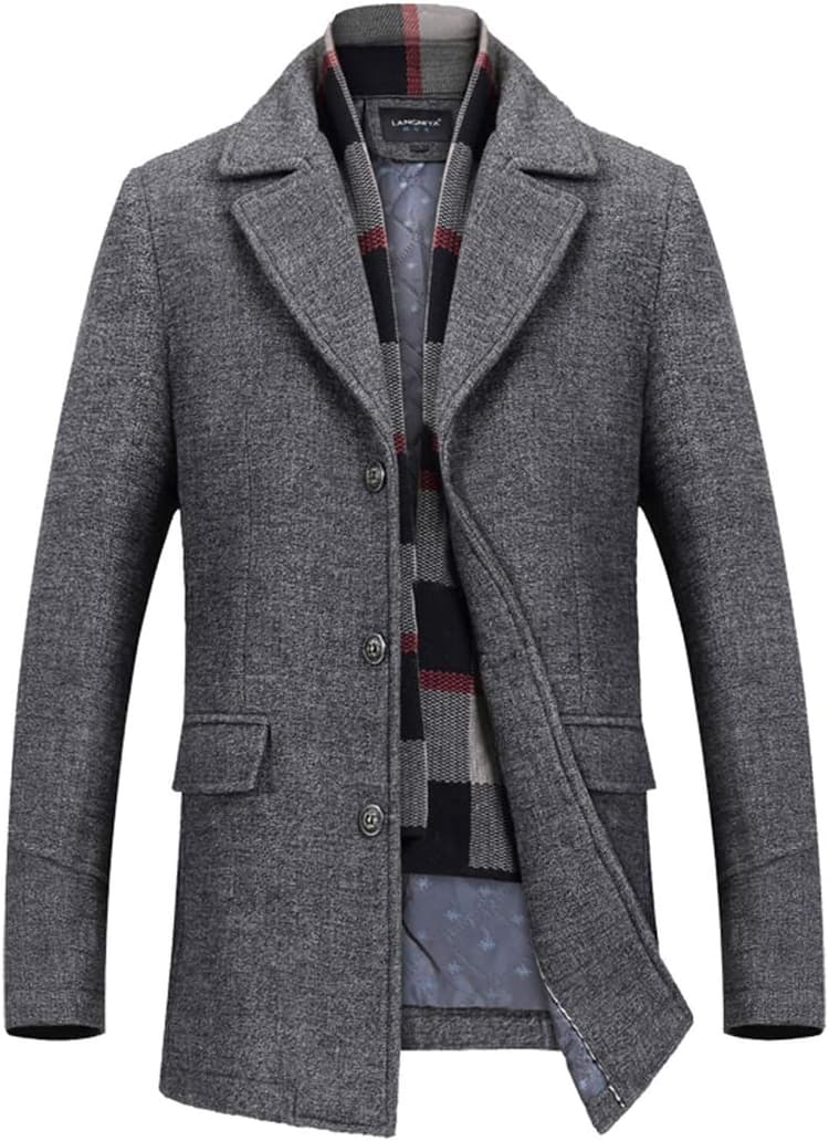 INVACHI Mens Wool Blend Coat Winter Trench Coat with Detachable Soft Scarf Single Breasted Overcoat