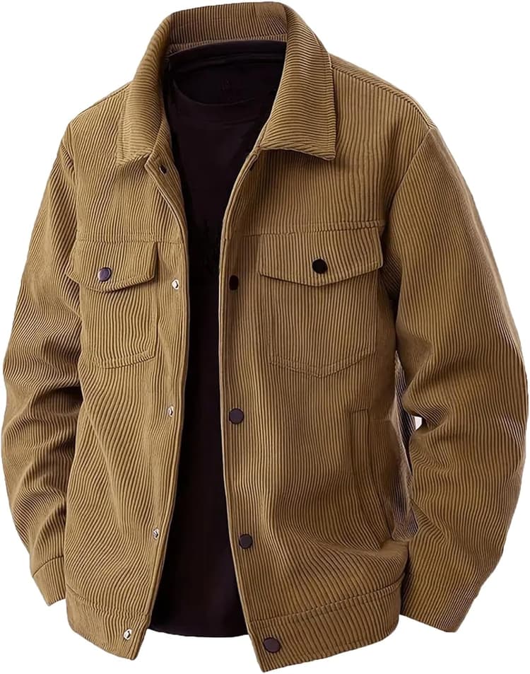 Veste Homme Velours Côtelé à Boutons-Pression Blouson Automne avec Multi-Poches Veste mi Saison Cowboy Chemise Uni Coupe Vent Cargo Surchemise Vintage Manteau Cadeau
