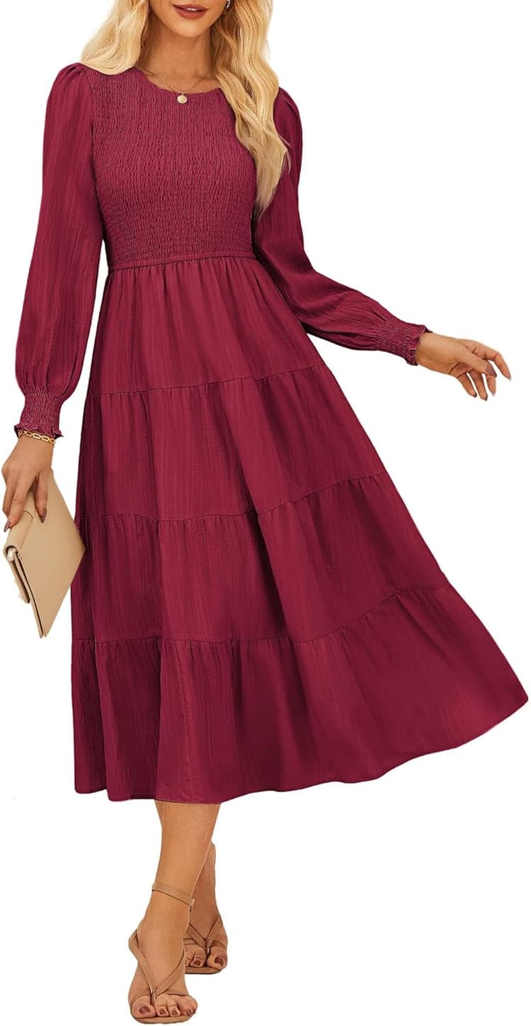 GRACE KARIN Robe Femme Longue Manches Longues Col Rond Taille Élastique Style Empire à Volants