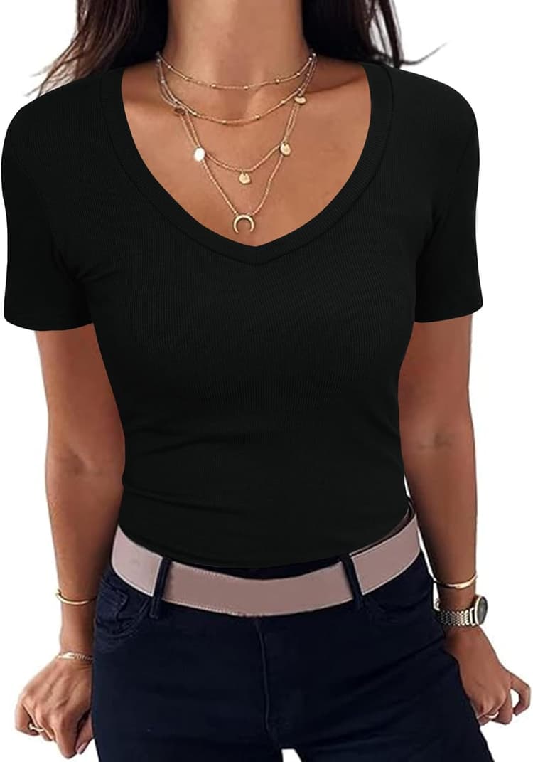 T-Shirt Côtelé pour Femme Haut élégant à Manches Courtes et col V Tshirt Basique Coupe Ajustée Extensible Décontracté Été