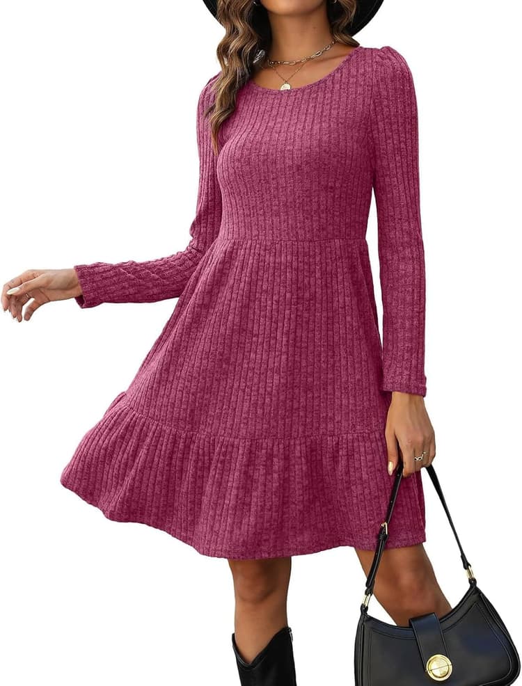 Robe Pull Femme Manches Longues Robe Pull Tricot A-Line à Col Rond Pullover Chaud Casual Robe Automne Hiver pour Fête Bureau Décontracté